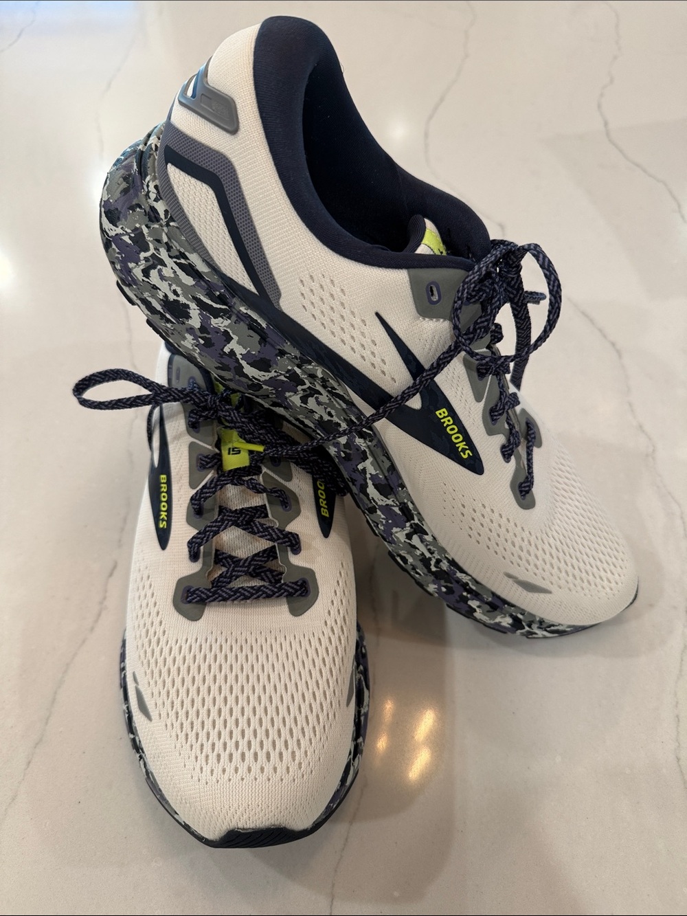 Brooks Ghost 15 Men's athletic shoes- white with Navy and Neon Yellow Accents